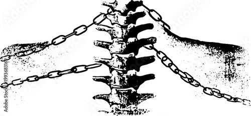 High contrast black and white ink illustration of a spine bound by chains for poster background and conceptual medical design