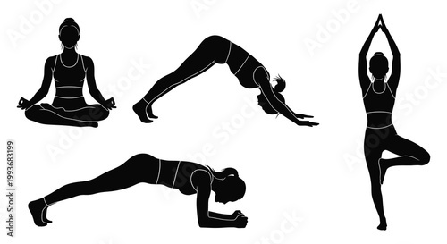 Four women demonstrate various yoga poses including downward dog and tree pose presented as a striking silhouette high quality professional detailed