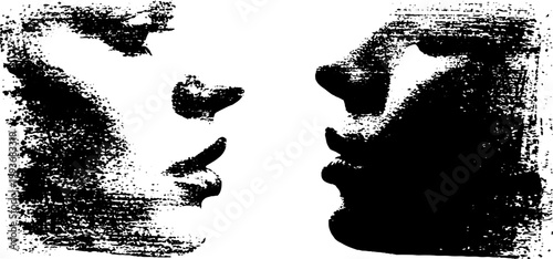 High contrast black and white split face ink illustration of two profile faces for poster background and graphic design projects