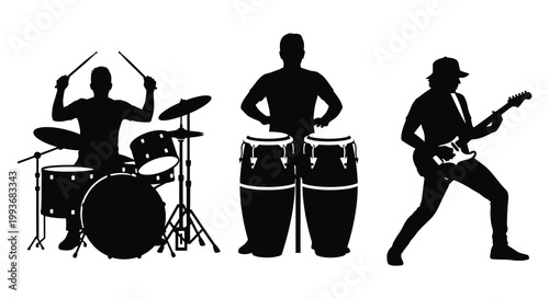 A black silhouette depicting a drummer conga player and guitarist performing music on a white background silhouette high quality professional detailed