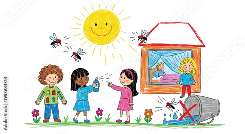 Children using mosquito repellent spray to prevent malaria infection near home with standing water isolated on white background