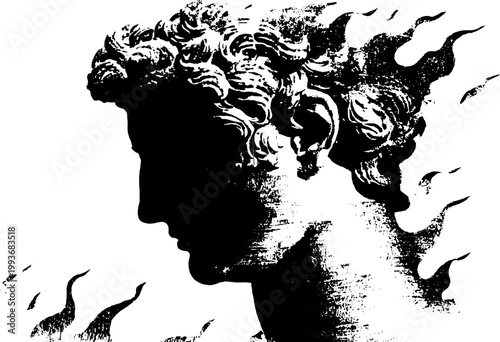 Black and white high contrast profile of a classical statue with flowing flame motifs for grunge background and poster design
