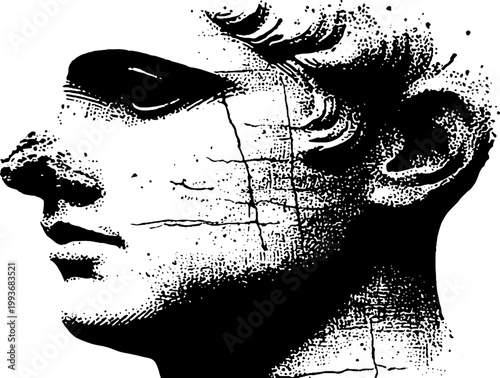 Broken classical bust profile with hair details and cracked surface high contrast black and white for poster and texture background