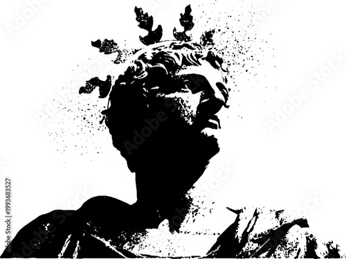 High contrast black and white classical statue bust with laurel crown and splatter texture for dramatic poster and background design