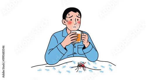 Man feeling sick drinking hot tea while surrounded by mosquitoes inside his home environment isolated on white background