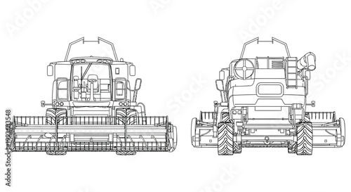 Detailed blueprint style illustration of two combine harvester views front and side presented as a silhouette high quality professional detailed modern elegant