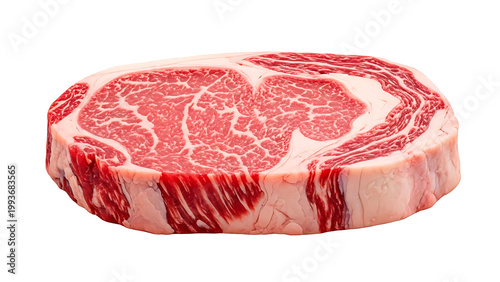 IA generated raw ribeye steak isolated on white background. Fresh wagyu beef meat with high marbling fat texture. Premium uncooked entrecote for BBQ, grill and gourmet restaurant menu. 3D render.