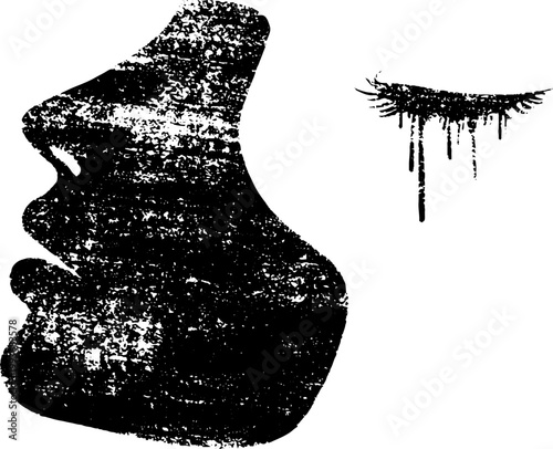 Textured statue profile silhouette with ink distressed surface and separate dripping eyelash element in black and white for design and poster use