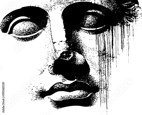 Classical statue face with dripping ink effect high contrast black and white for poster background and expressive graphic design