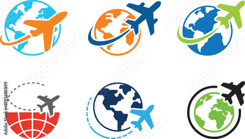 Unique globe with airplane bundle icon 