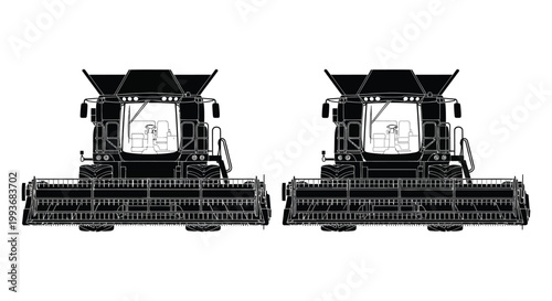 Two black combine harvesters are depicted in a detailed technical illustration showcasing agricultural machinery silhouette high quality professional detailed modern elegant