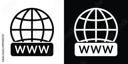 Minimalist globe icon with a bold WWW text label underneath, symbolizing internet connection and website access. Professional UI element for digital platforms, web design, and network infrastructure.