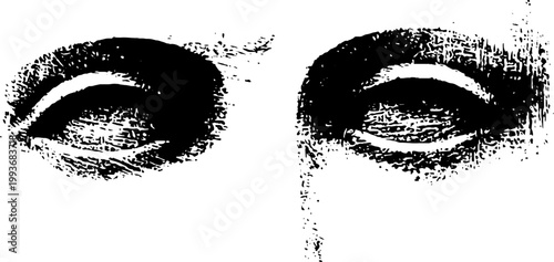 High contrast black and white closeup of statue eyes with carved texture for background and graphic design use
