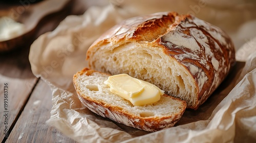 A loaf of bread with a slice buttered and placed on brown baking paper
