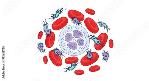 Microscopic view of red blood cells infected with malaria parasites in medical vector drawing isolated on white background