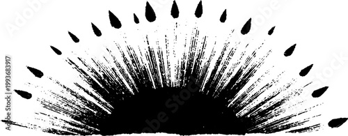 High contrast black sunburst ink half moon with radiating streaks and teardrop accents for ornamental background or poster design