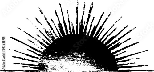 High contrast black sunburst ink semicircle with long pointed rays and grunge splatter for banner or background design