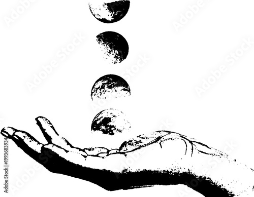 High contrast black and white ink hand receiving vertical moon phases for mystical poster and background design with distressed textured finish