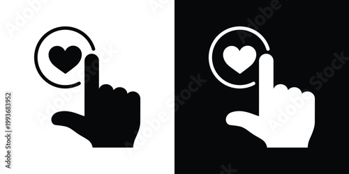 An interactive touch or pointing gesture towards a heart in a circle. Represents user engagement, selection, liking, or clicking a favorite button. Ideal for mobile app design and UI interactions.