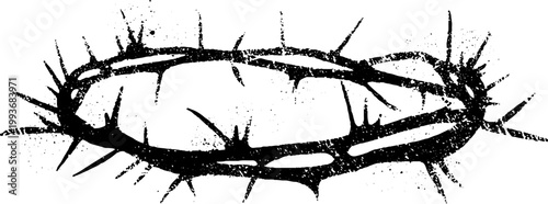 High contrast black and white thorned halo symbol in ink style for religious emblem background and tattoo design