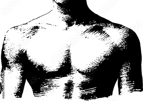 High contrast black and white ink male torso bust with muscular chest for poster background and graphic design elements
