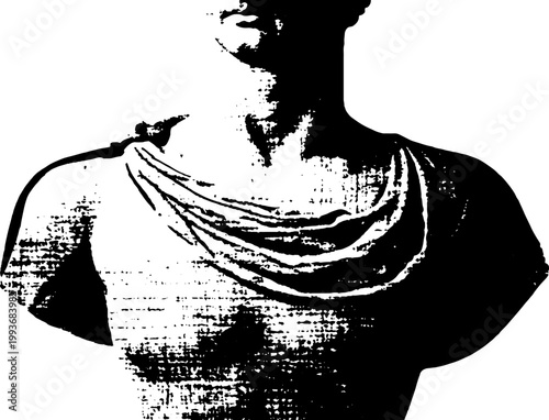 High contrast black and white ink classical torso statue with draped cloth for background and poster design with textured halftone