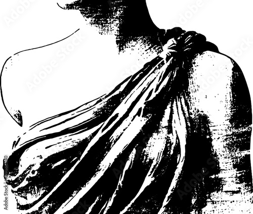High contrast black and white ink close up of draped classical torso with knotted shoulder and fabric folds for poster background design