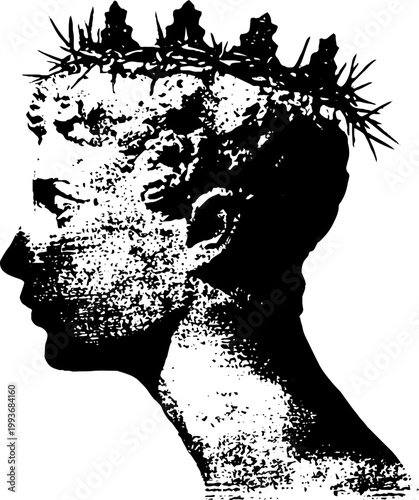 Weathered stone bust with spiked thorn crown high contrast black and white silhouette for poster and design background