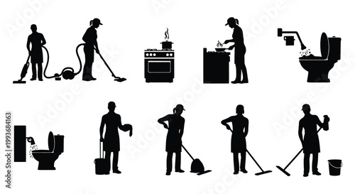 A collection of black silhouettes depicting various household chores and bathroom fixtures showcasing domestic activities silhouette high quality professional detailed modern