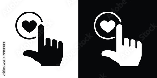 An interactive touch or pointing gesture towards a heart in a circle. Represents user engagement, selection, liking, or clicking a favorite button. Ideal for mobile app design and UI interactions.