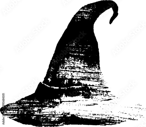 High contrast black and white ink witch hat illustration for halloween design background poster banner with distressed texture and vintage engraved style