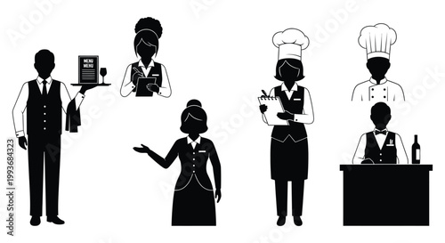 A collection of restaurant staff in black including waiters chefs and a hostess presented as a silhouette high quality professional detailed