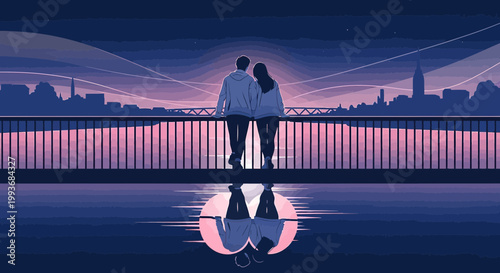 Couple on bridge at sunset, romantic reflection in water, city skyline