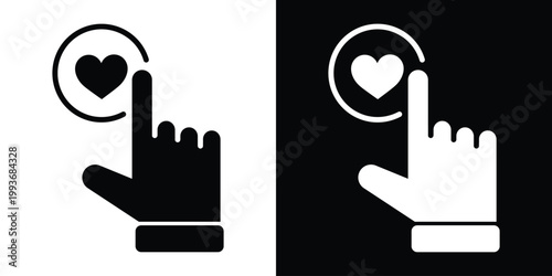 An interactive touch or pointing gesture towards a heart in a circle. Represents user engagement, selection, liking, or clicking a favorite button. Ideal for mobile app design and UI interactions.