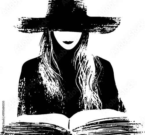 High-contrast black and white ink art of a witch with a wide hat reading an open grimoire for halloween book cover and mystical poster background