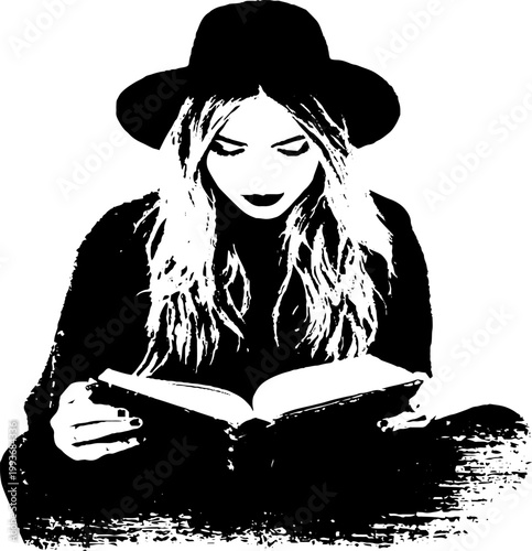 High-contrast black and white ink art of a witch reading a grimoire seated with a wide hat for halloween book cover and poster background design