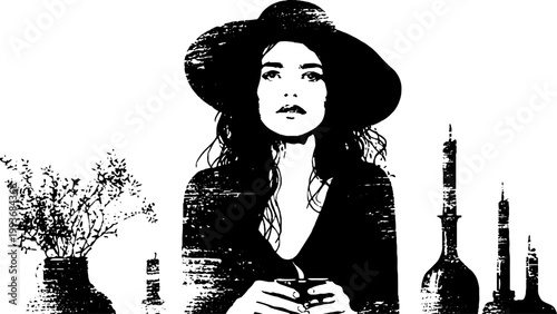 Female witch portrait with wide hat and bottles high contrast black and white ink for poster and editorial background