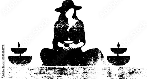 Witch silhouette meditating with floating candles high contrast black and white ink background for poster and banner design