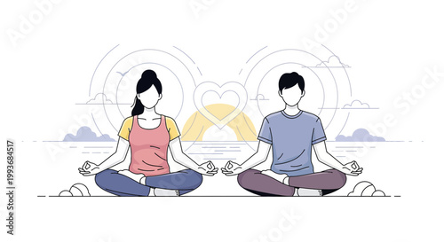 Couple meditating together by the sea, symbolizing love and harmony