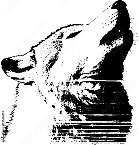 Howling wolf head thorn halo black and white ink distressed texture for tattoo emblem poster and logo design