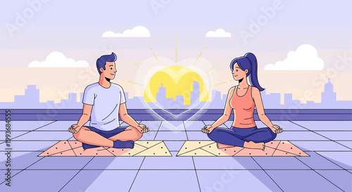 Couple Meditating Together with Heart Aura Above City Rooftop