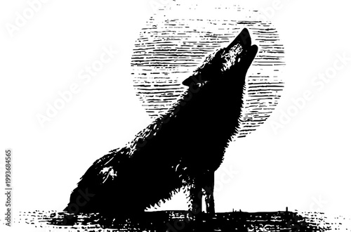 High contrast black and white wolf howling silhouette with circular halo for poster background tattoo and sacred geometry inspired design