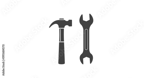 Black hammer and adjustable wrench tools.