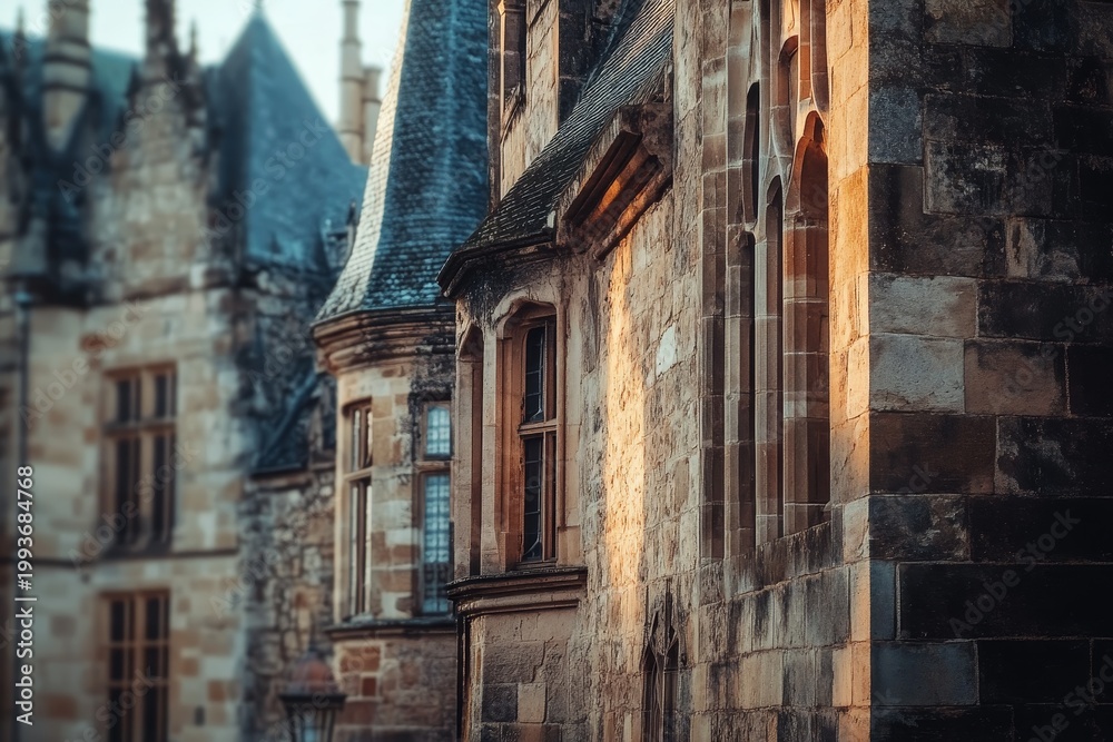 Fototapeta premium gothic stone architecture with pointed roofs, arched windows, intricate masonry and warm sunlight highlighting the textured historic facade in a timeless elegant composition