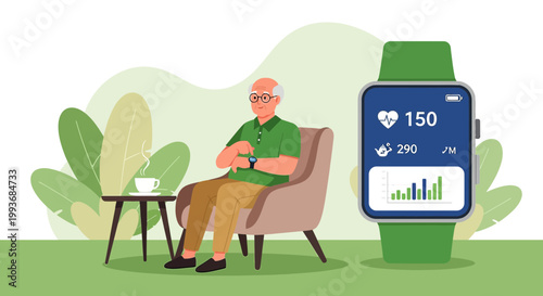 Elderly man monitoring health data through smartwatch app with tea on a serene morning