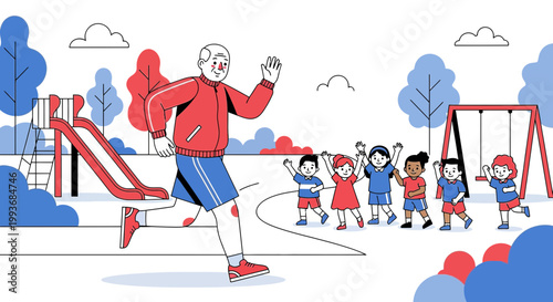 Elderly man jogging in park with children waving, promoting intergenerational fitness and outdoor