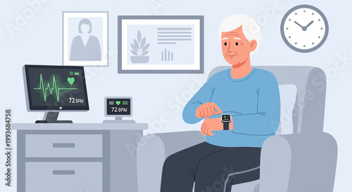 Elderly man monitors his heart rate and vitals using a smartwatch and home monitoring system