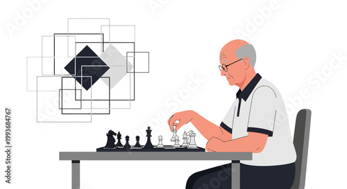 Elderly man playing chess strategy game thoughtful leisure activity indoor scene illustration