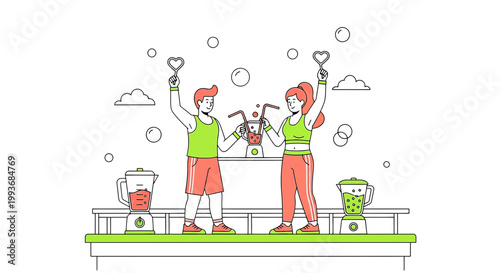 Couple making healthy smoothies with blenders, holding heart shapes, celebrating fitness lifestyle.