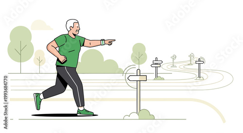 Elderly man running and pointing, making healthy lifestyle choices in mature years fitness